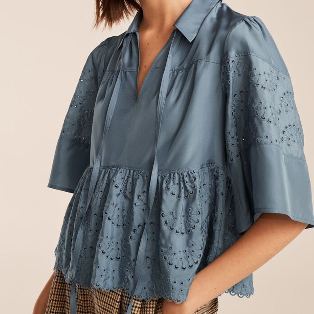 Rebecca Taylor Ripple Eyelet Flutter Sleeve Top